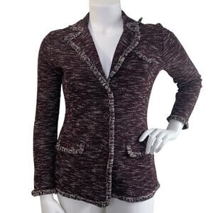 Brooks Brothers Tweed Knit Blazer Size L Purple Fringe Pockets Career Office
